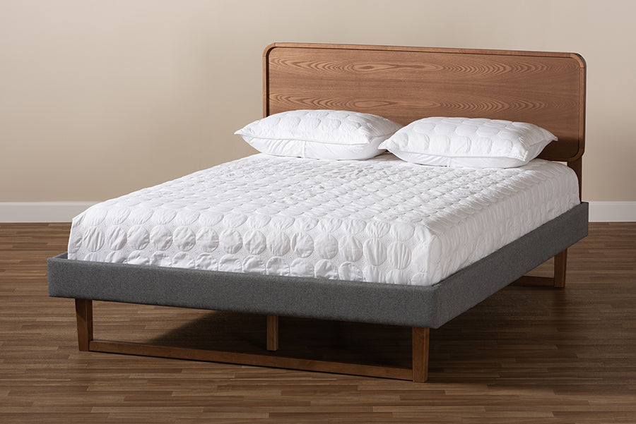 Baxton Studio Ayla Mid-Century Modern Dark Grey Fabric Upholstered Walnut Brown Finished Wood Queen Size Platform Bed