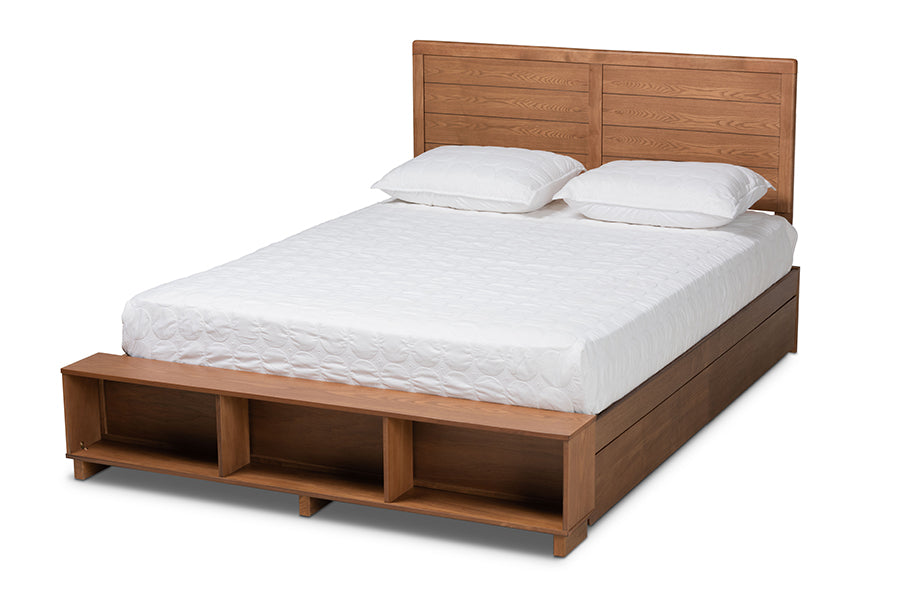 Baxton Studio Alba Modern Transitional Ash Walnut Brown Finished Wood Full Size 4-Drawer Platform Storage Bed with Built-In Shelves