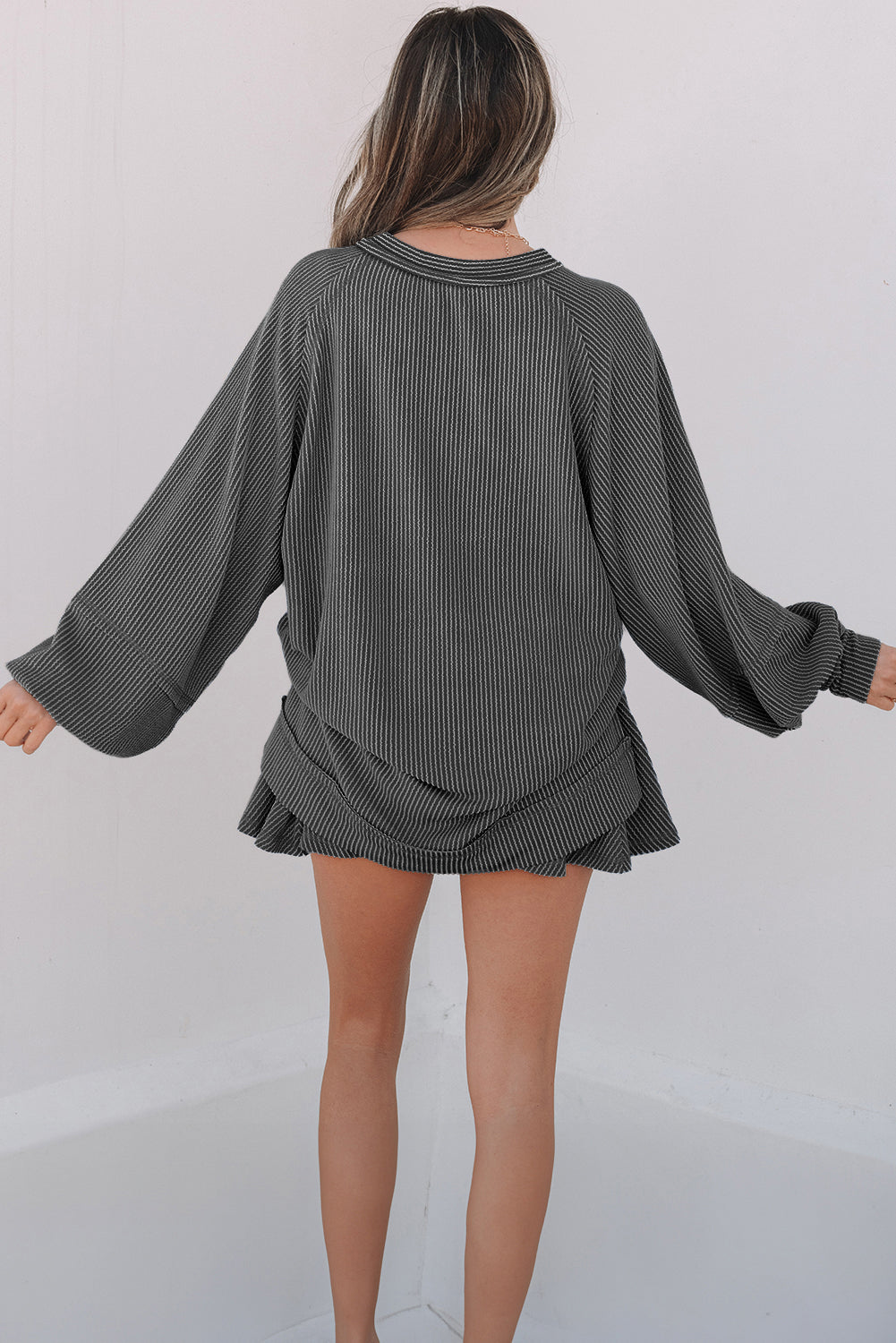Jet Stream Corded Lantern Sleeve Top High Waist Ruffled Mini Skirt Set