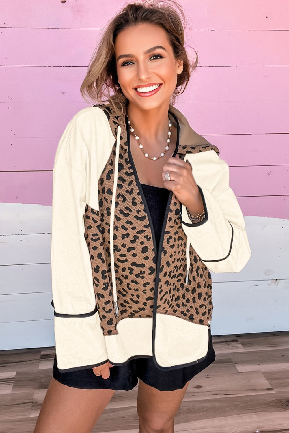 Brown Leopard Star Hooded Patchwork Contrast Piping Open Front Jacket