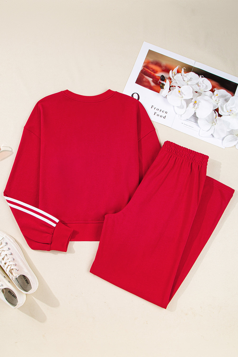 Oatmeal Varsity Striped Detail Cropped Pullover Wide Leg Pants 2pcs Outfit