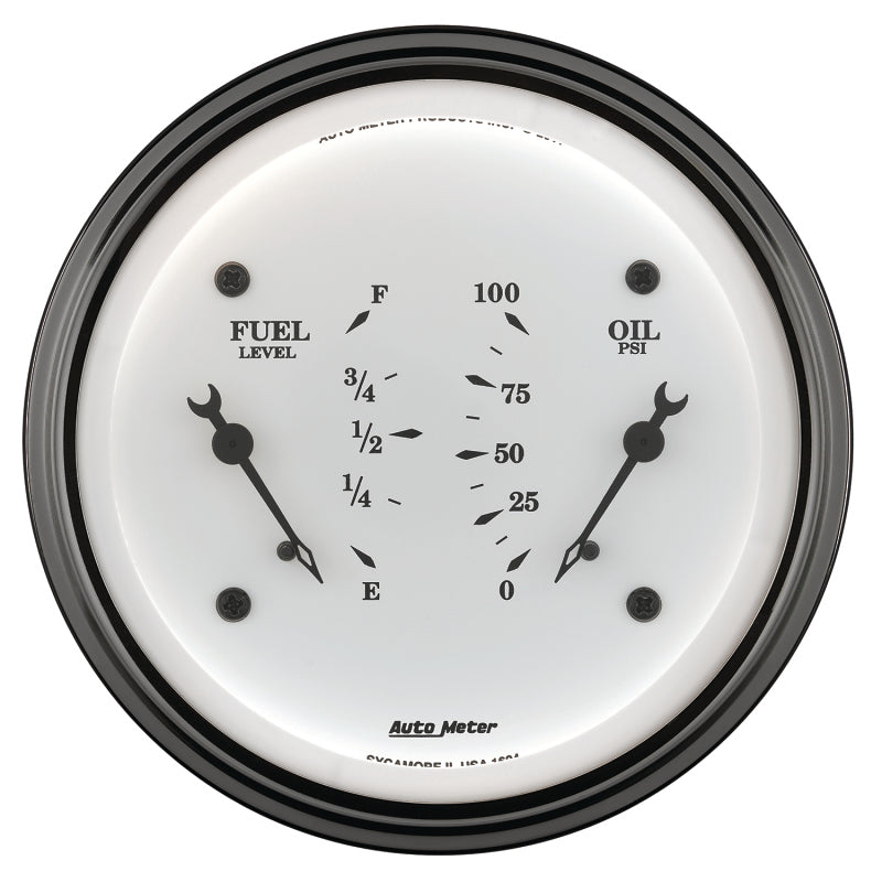 AutoMeter Gauge Dual Fuel & Oilp 3-3/8in. 240 Ohm(e) to 33 Ohm(f) & 100PSI Elec Old Tyme Wht 1613