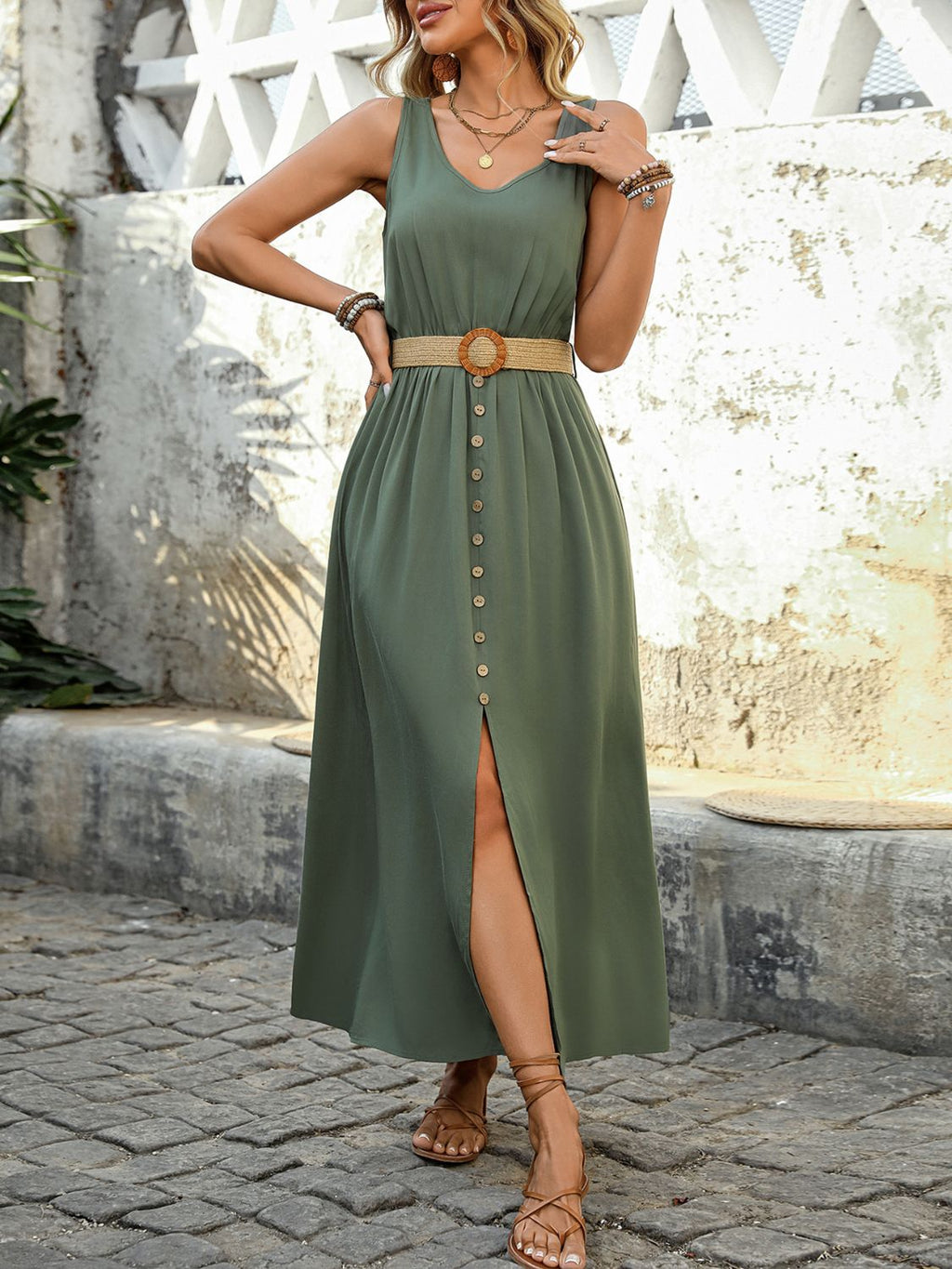 Decorative Button Sleeveless Midi Dress Elegant & Timeless Long Comfortable Dress