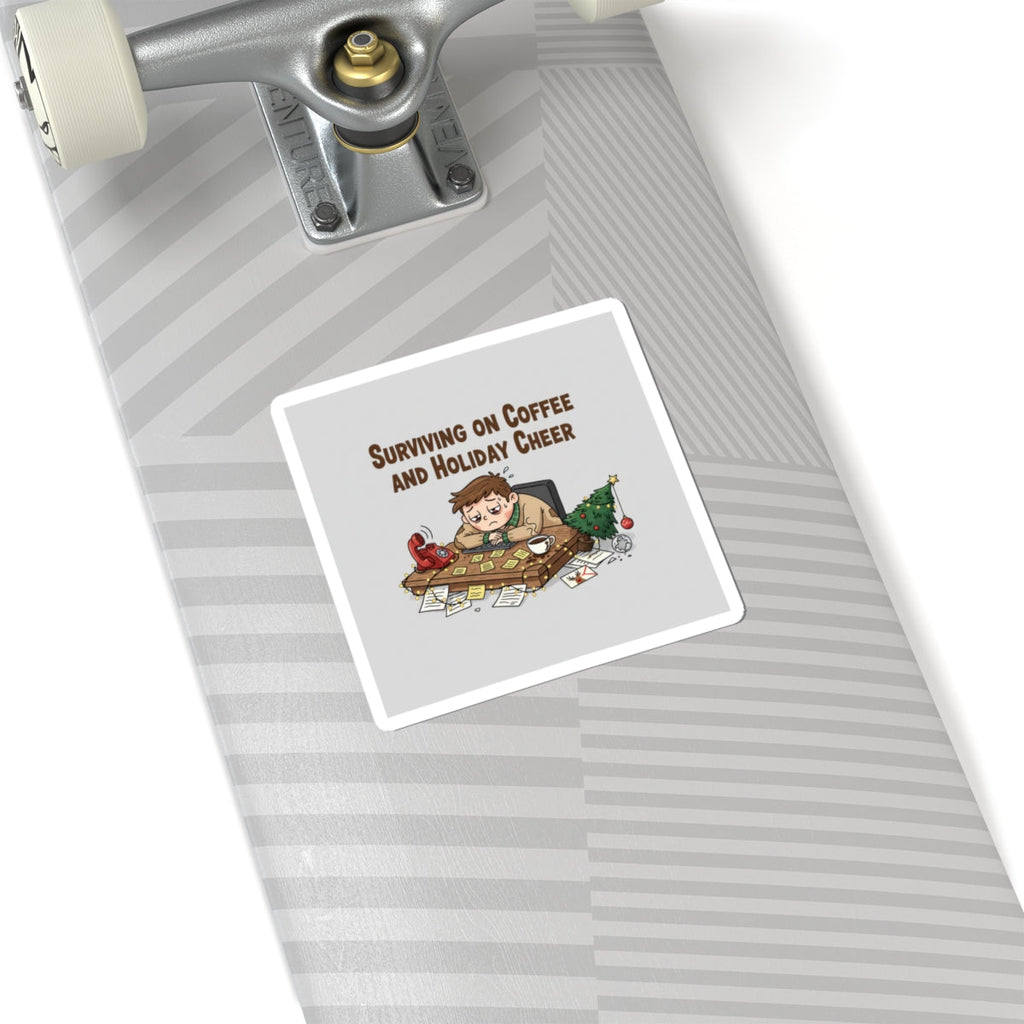 Surviving on Coffee and Holiday Cheer Sticker | Holiday Burnout Meme, festive but tired