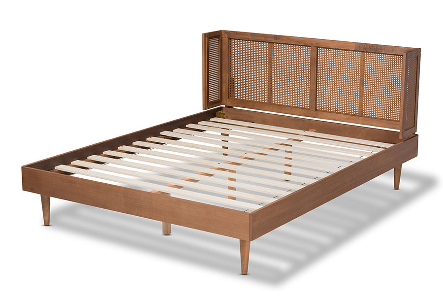 Baxton Studio Rina Mid-Century Modern Ash Wanut Finished Wood and Synthetic Rattan Full Size Platform Bed with Wrap-Around Headboard