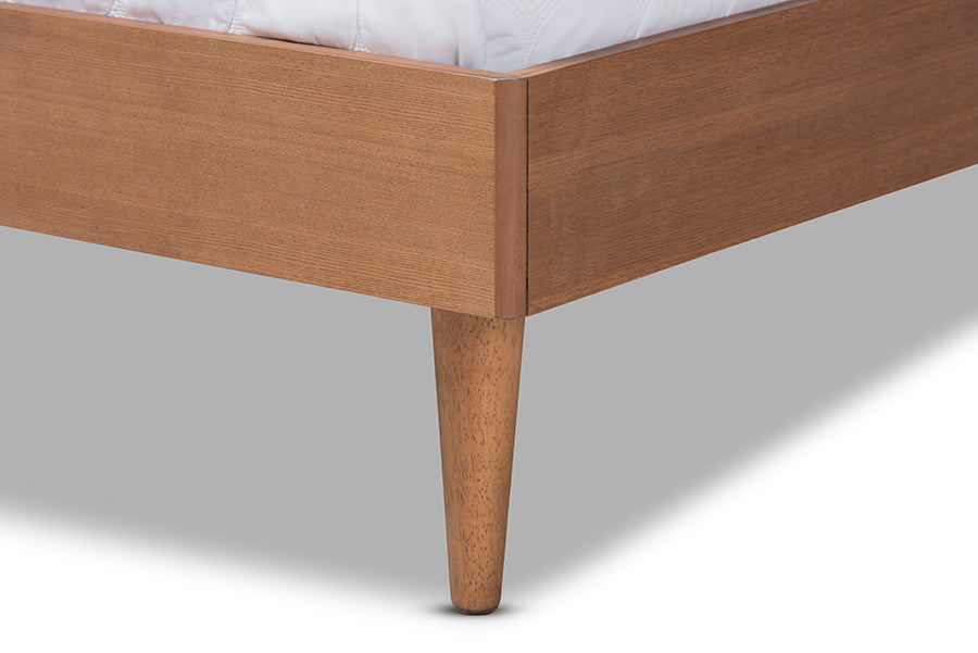 Baxton Studio Rina Mid-Century Modern Ash Wanut Finished Wood and Synthetic Rattan Full Size Platform Bed with Wrap-Around Headboard