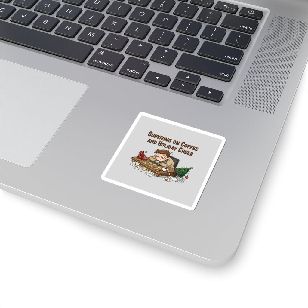 Surviving on Coffee and Holiday Cheer Sticker | Holiday Burnout Meme, festive but tired
