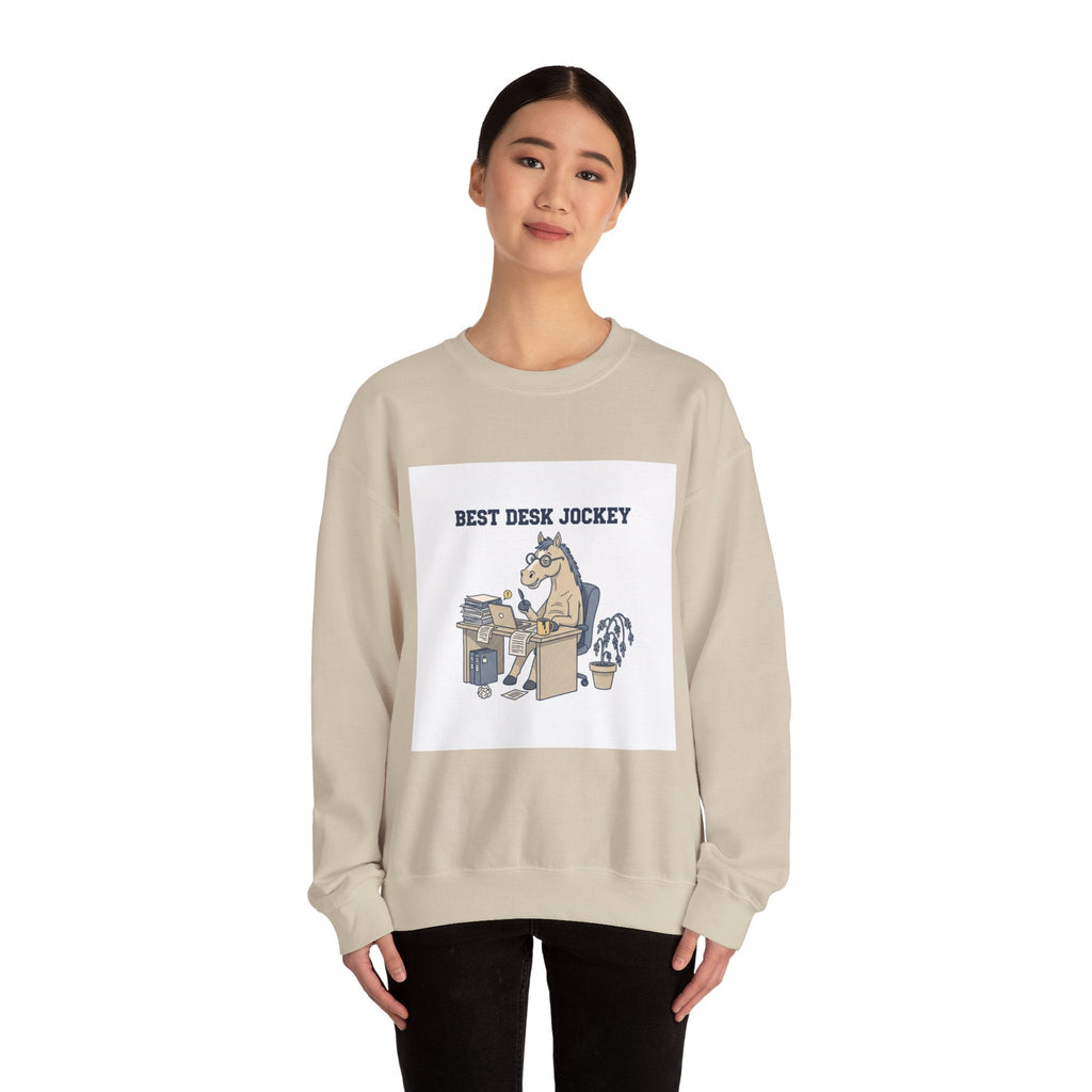 Workhorse Desk Jockey Sweatshirt | corporate burnout parody, collegiate horse design