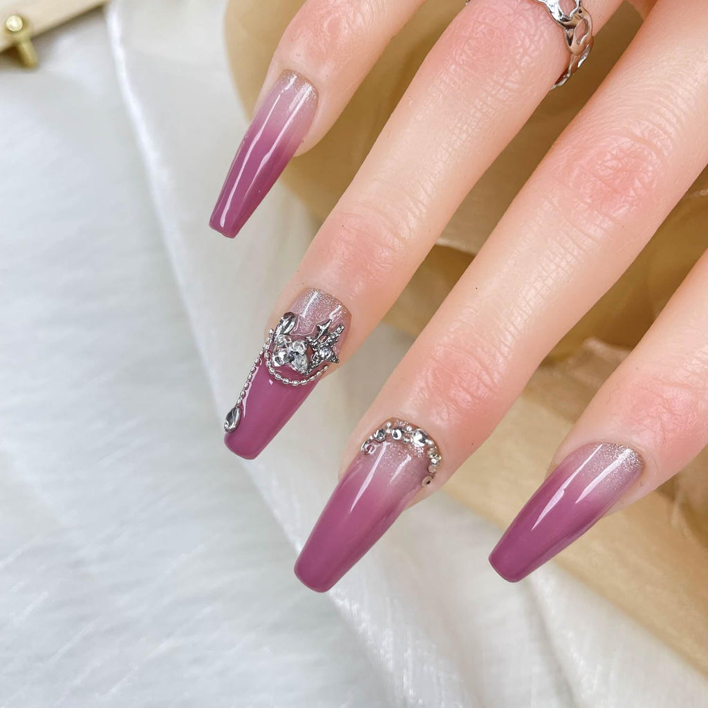GGDDSHA Handmade Press On Nails, Luxury & Custom FakeNails 3D Handmade Reusable UV Finished False Nails, Hand-Painted Nail,Lavender Luster