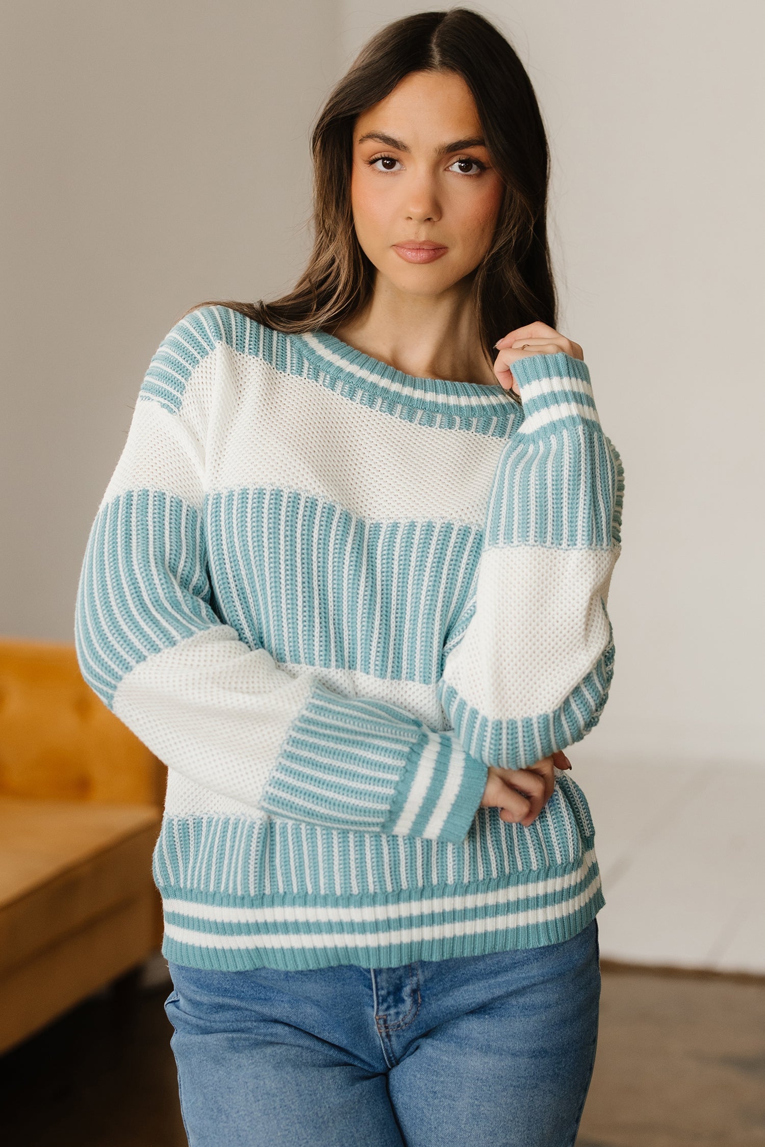Khaki Two Tone Striped Patchwork Drop Shoulder Loose Sweater