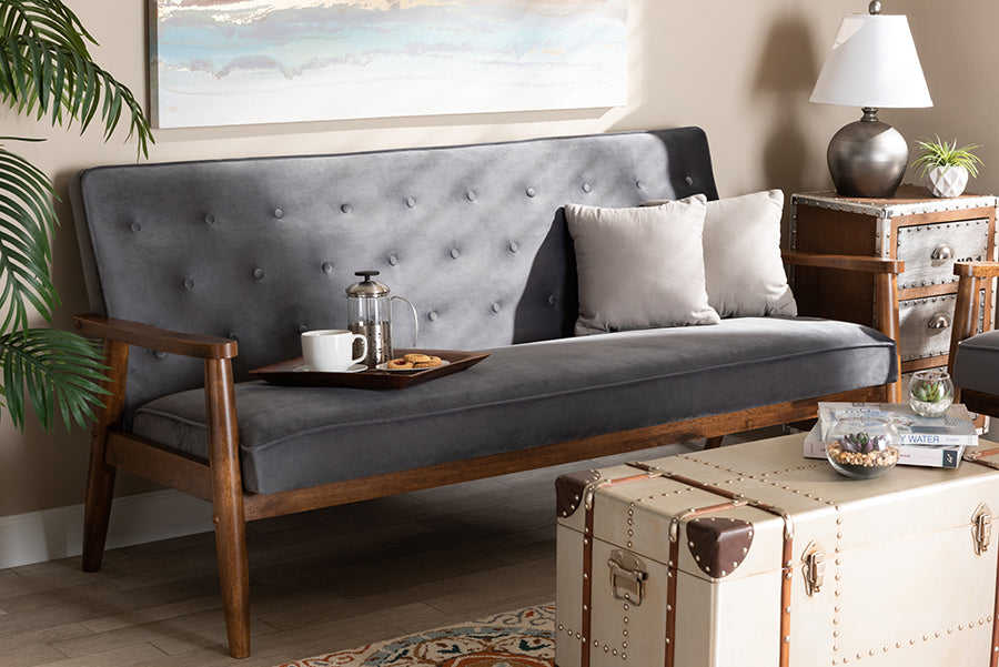 Baxton Studio Sorrento Mid-century Modern Grey Velvet Fabric Upholstered Walnut Finished Wooden 3-seater Sofa