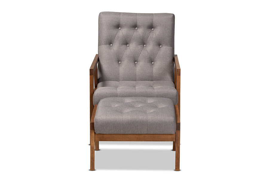Baxton Studio Naeva Mid-Century Modern Grey Fabric Upholstered Walnut Finished Wood 2-Piece Armchair and Footstool Set
