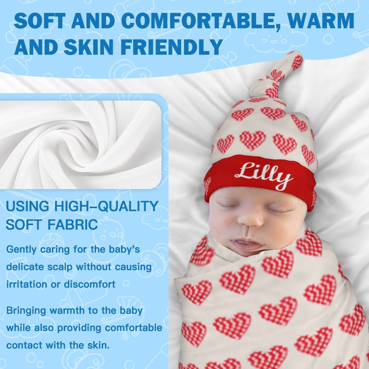 Personalized Baby Swaddle Blanket & Hat Set with Custom Name – Pixel Heart Design