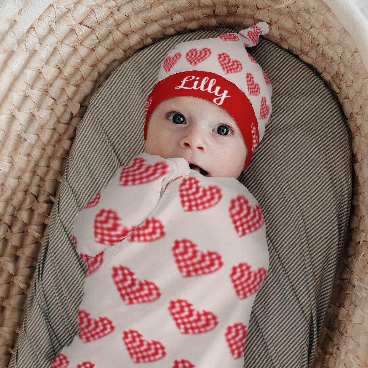 Personalized Baby Swaddle Blanket & Hat Set with Custom Name – Pixel Heart Design