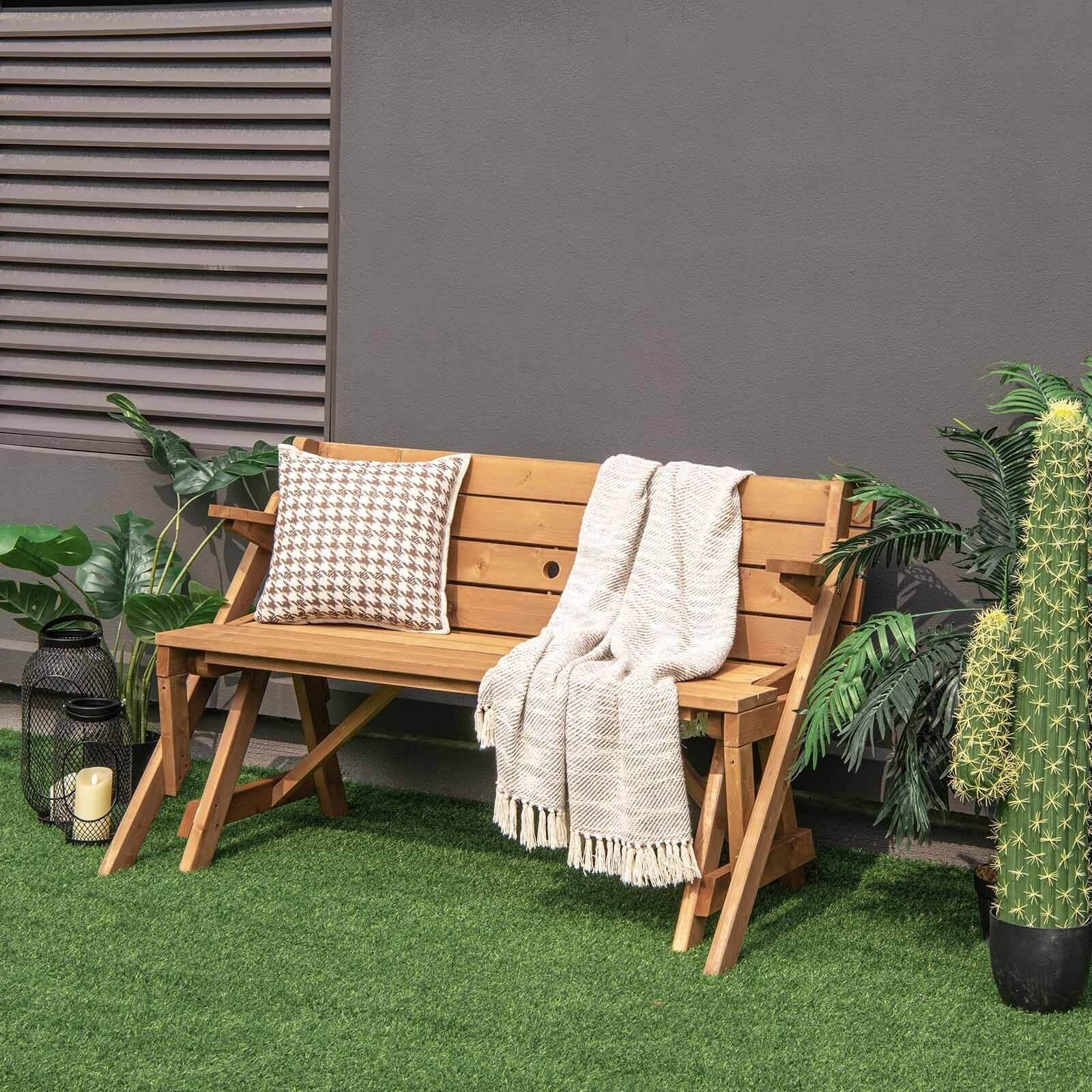 2-in-1 Transforming Interchangeable Wooden Picnic Table Bench with Umbrella Hole-Dark Brown