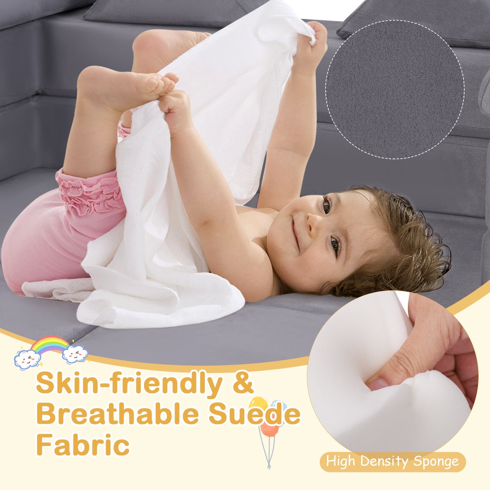 9-Piece Climb and Crawl Foam and Floor Playset with Breathable Suede Fabric-Gray