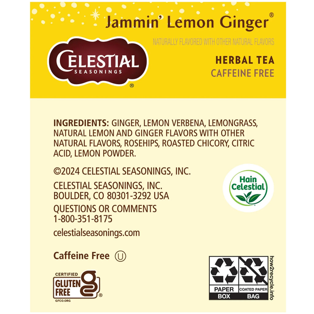 Celestial Seasonings Jammin' Lemon Ginger Herbal Tea, Caffeine-Free, 20 Bags, Case of 6