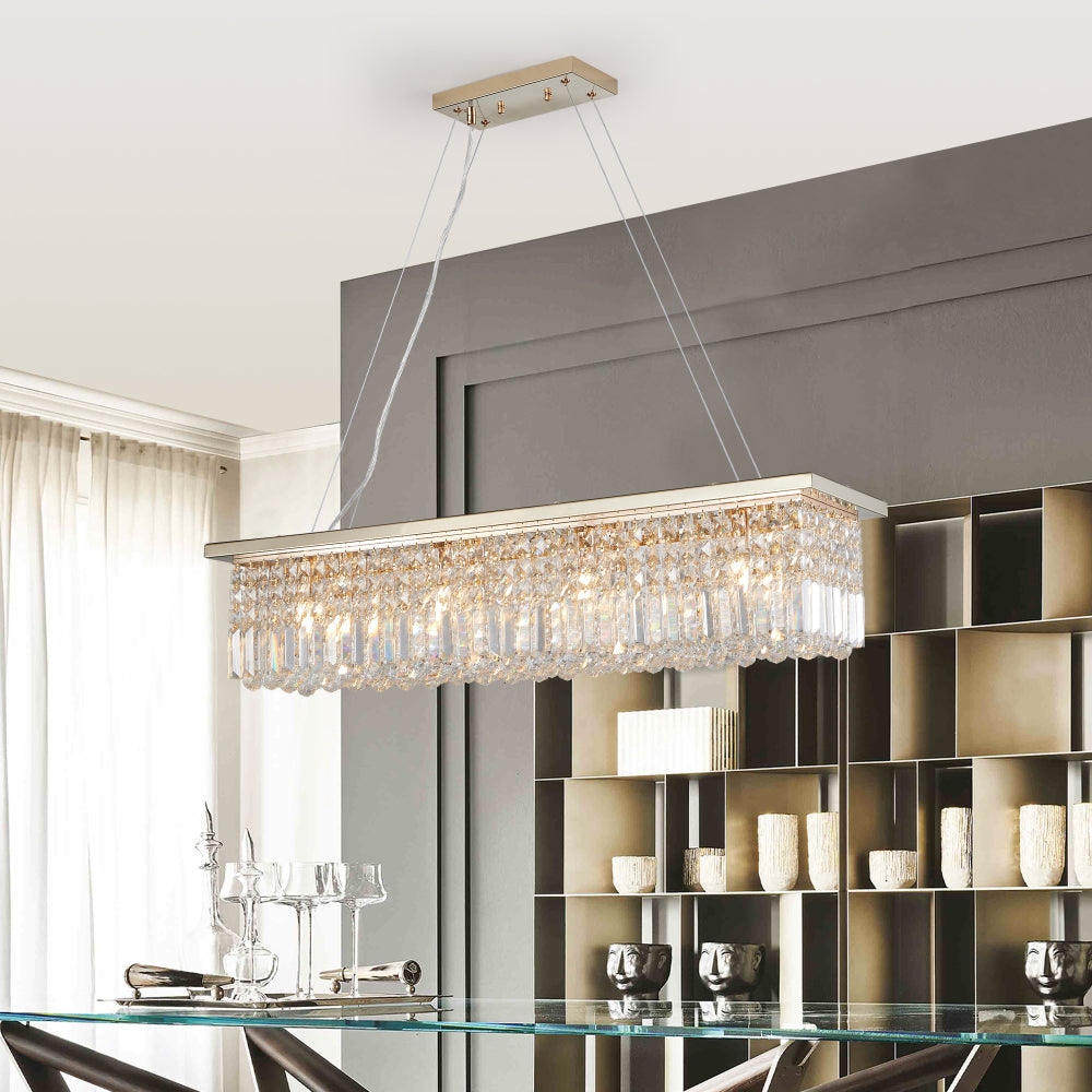 39.4" Rectangle Crystal Raindrop Chandelier | 8-Light Modern Pendant for Dining Room & Kitchen Island — Chrome or Gold, E12