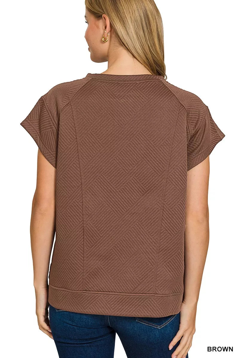 Zenana Textured Knit Jacquard Short Sleeve Top