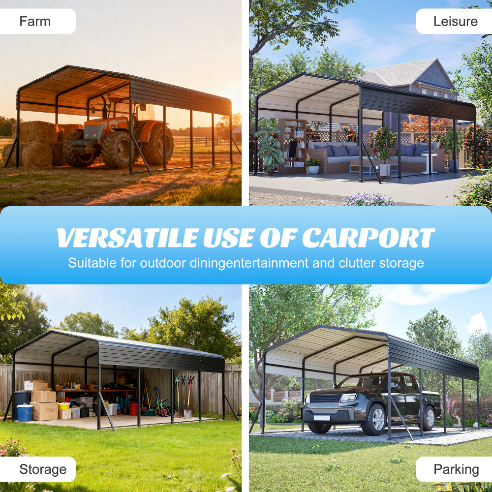 13×20 FT Metal Carport | Heavy-Duty Galvanized Steel Hardtop with Triangle Reinforced Frame & 4 Poles — All-Weather Vehicle & Outdoor Storage Shelter