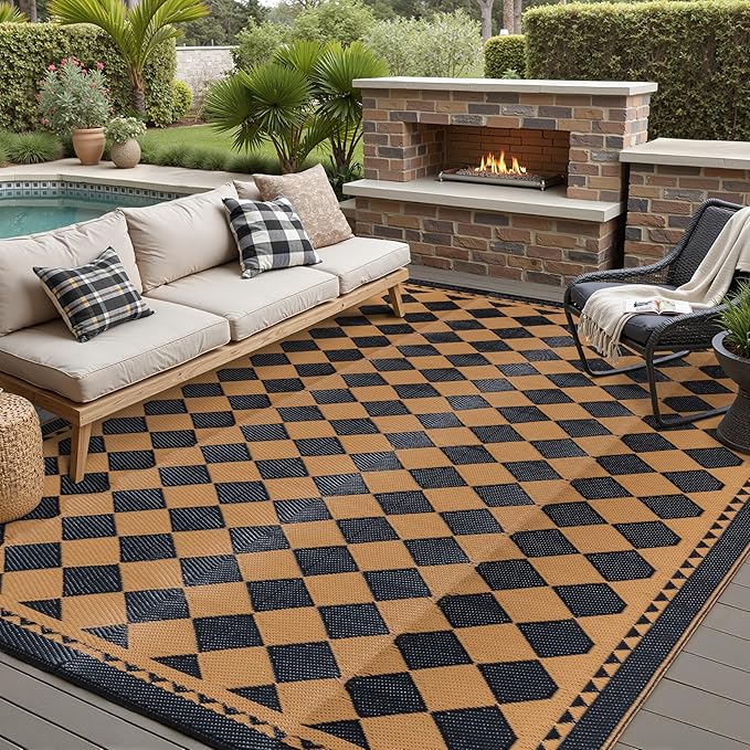 Outdoor Waterproof Rug 8'x10' Plastic Straw Rugs Washable Reversible Floor Mat Brown Plaid Carpet for Camping RV Deck Entryance Porch Picnic Balcony Beach Backyard