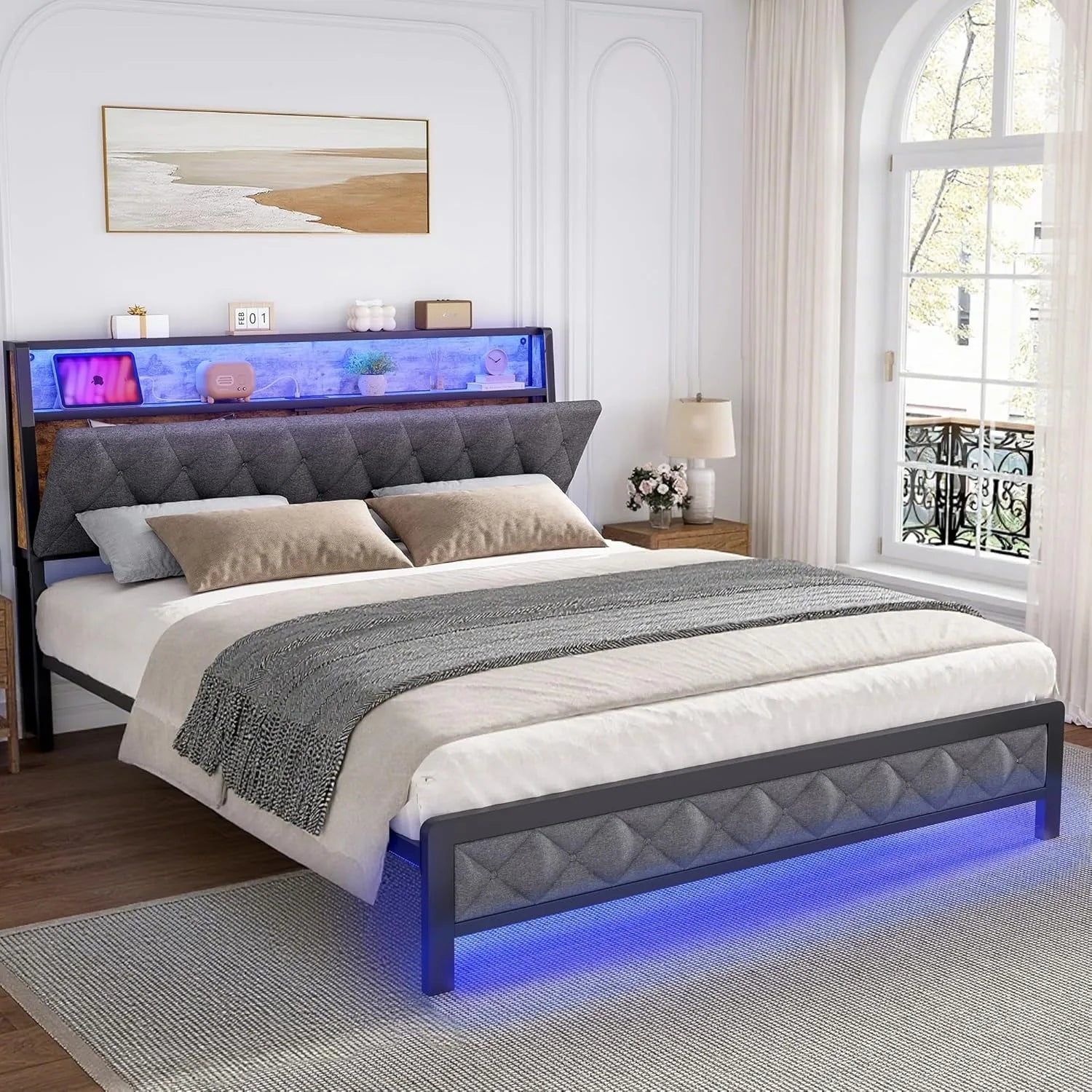 Queen Size Bed Frame with Storage Headboard and Charging Station, Upholstered Bed Frame Queen Size with LED Lights, Platform Bed