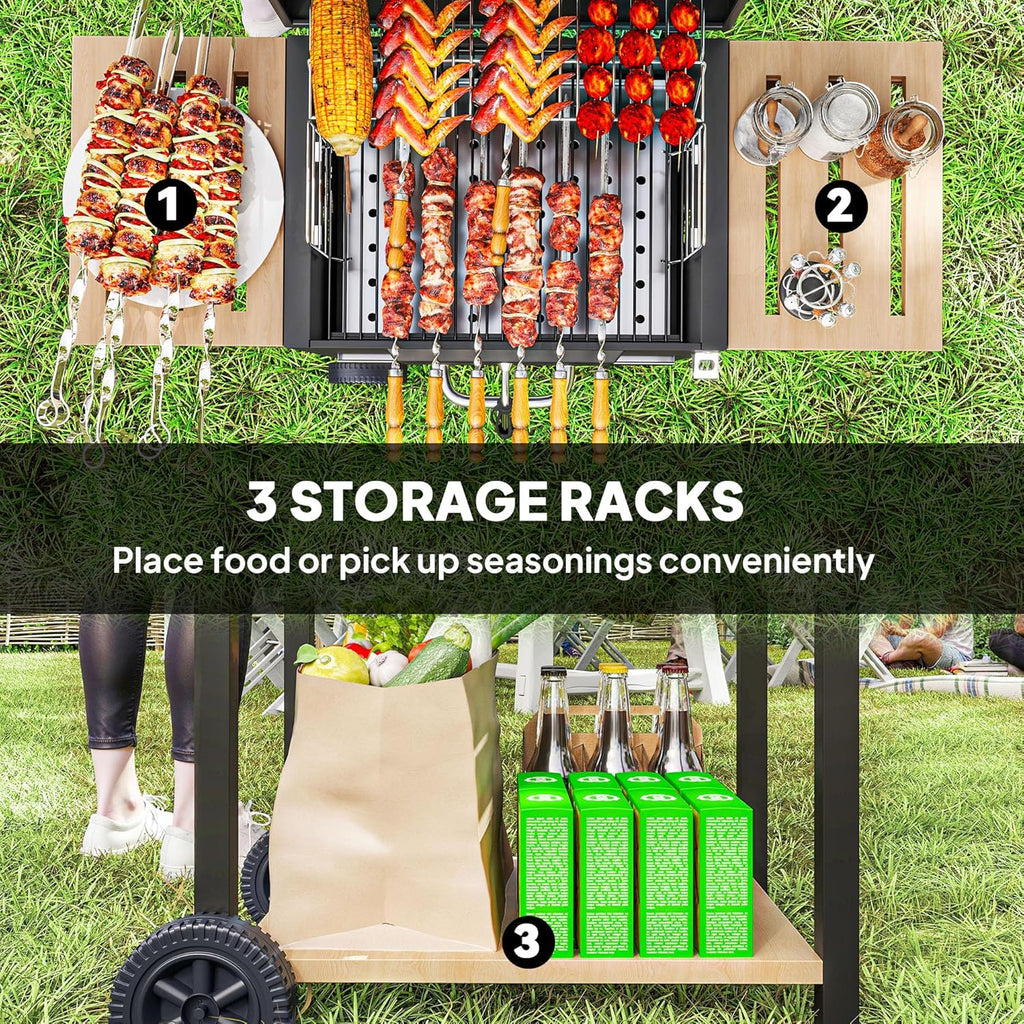 Outsunny Charcoal BBQ Grill with 245 sq. in. Cooking Area, Outdoor Barbecue Grill with Adjustable Charcoal Pan, 3 Shelves, Thermometer, Wheels for Patio, Backyard, Party, Picnic, Black