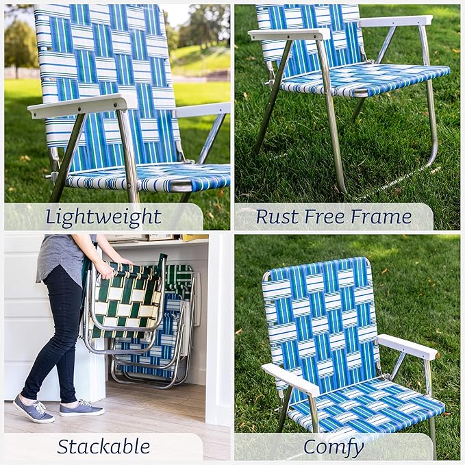 Lawn Chair USA Folding Aluminum Outdoor Patio Lawn Chair | Heavy-Duty Webbed Chairs for Camping, Sports, Beach, Yard & Tailgating | Lightweight Portable | Classic - Blue/Silver