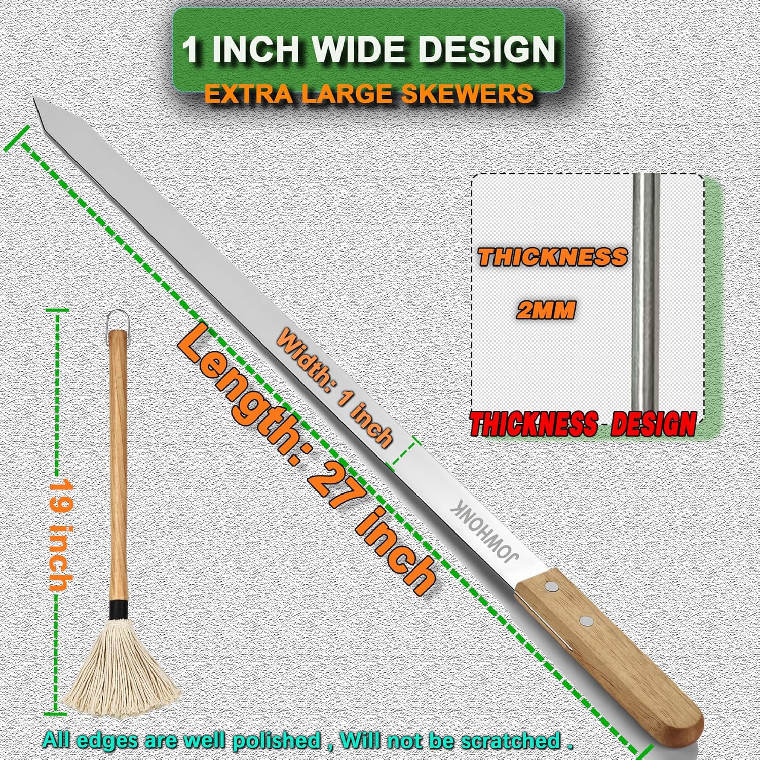 27" 304 Stainless Steel Skewers for Grilling,1 Inch Wide Extra Large Skewers for Kabobs with Wooden Handle,Metal Flat Barbecue Skewer Make Koobideh Brazilian-BBQ Skewer(4),BBQ Mop Brush(1)