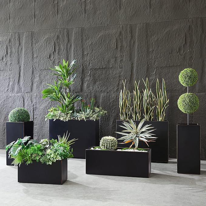 Metallic Heavy Long and Large Outdoor/Indoor Planter, Rectangular Trough Planter Box, 38”Lx15”Wx15”H, 40Pounds, Black with Hand Brushed Gold Edge, No Assemble and Seamless
