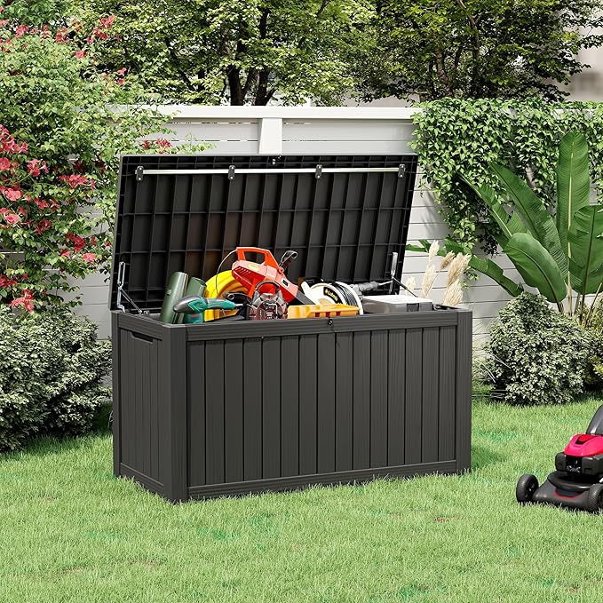 NUNU LAB 150 Gallon Outdoor Storage Box,Resin Large Sturdy Deck Box, Backyard Outside Storage Box Waterproof with Double Wall Panels,Package Delivery Garden Outdoor Hose Storage Bin