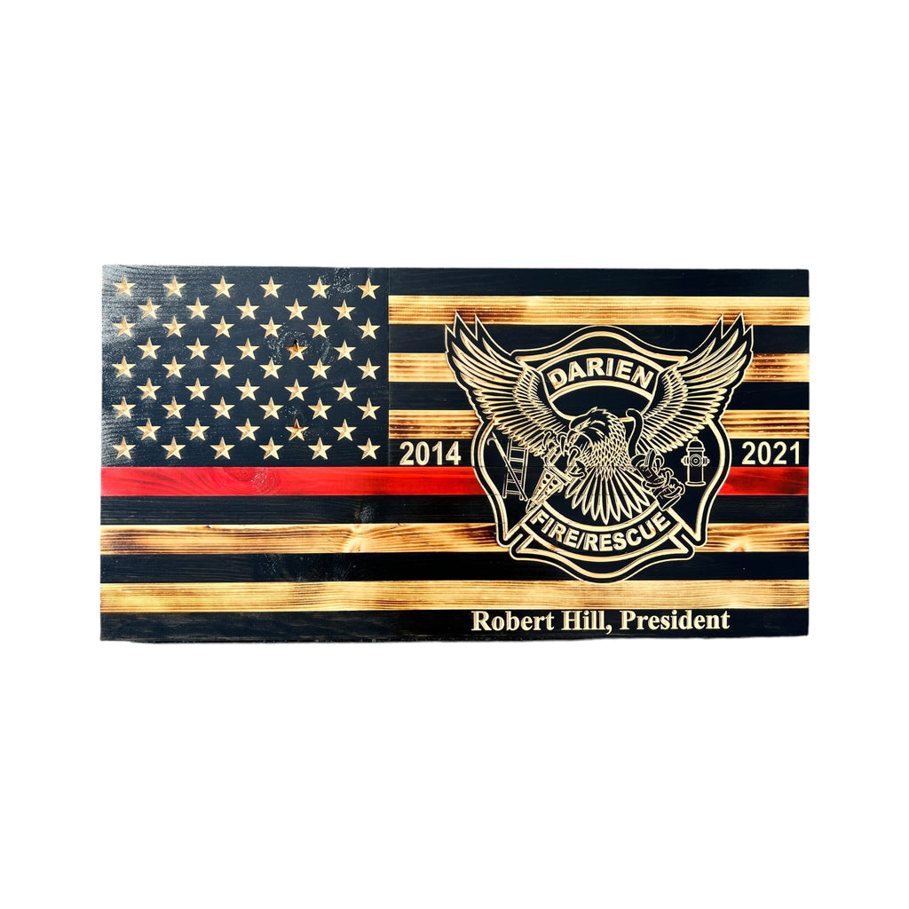 Custom Thin Red Line Wooden Flag with Firefighter Logo