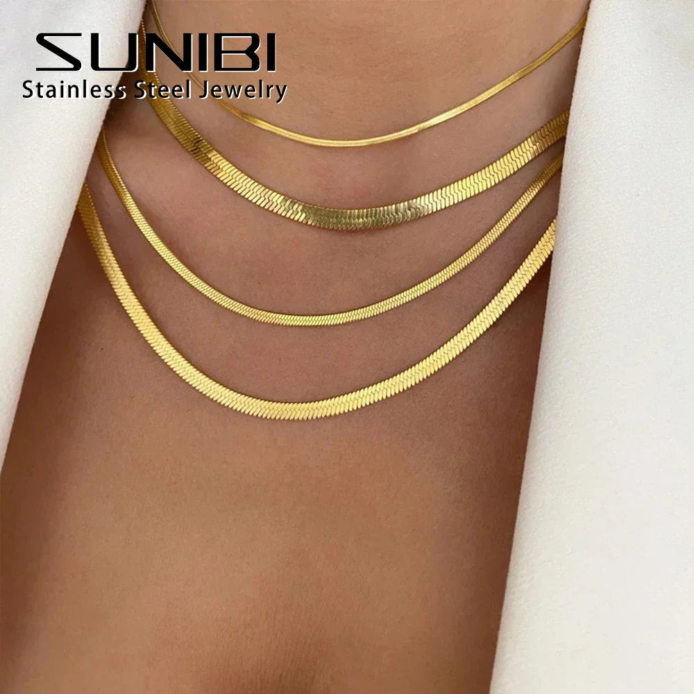 316L Stainless Steel Snake Chain Necklace for Women — Herringbone Choker in Gold, Silver, Rose Gold