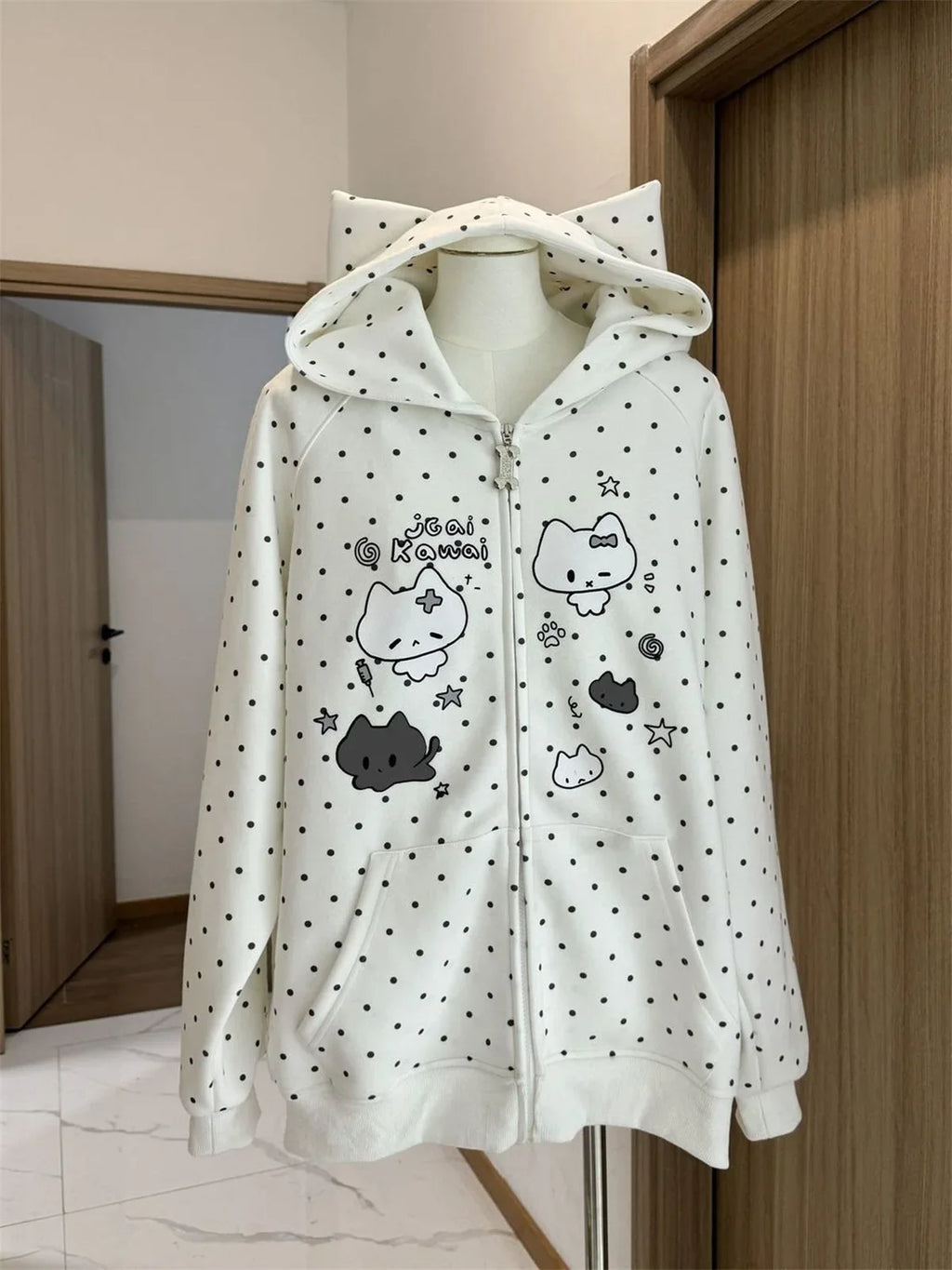 Japanese Y2k Hoodies Jackets Women Clothes Polka Dot Cat Print Sweatshirts 2025 Ropa Mujer Casual Chic Hooded Cute Hoodie Tops