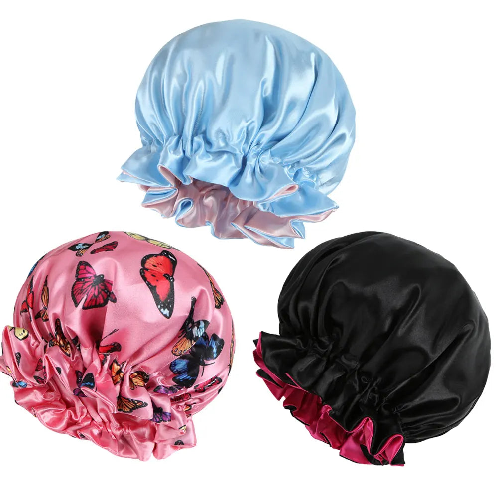 3pcs Reversible Elegant Satin Sleep Bonnets with Ruffled Design, Double Layer Sleeping Caps, Elastic Band, Soft Hair Bonnets for
