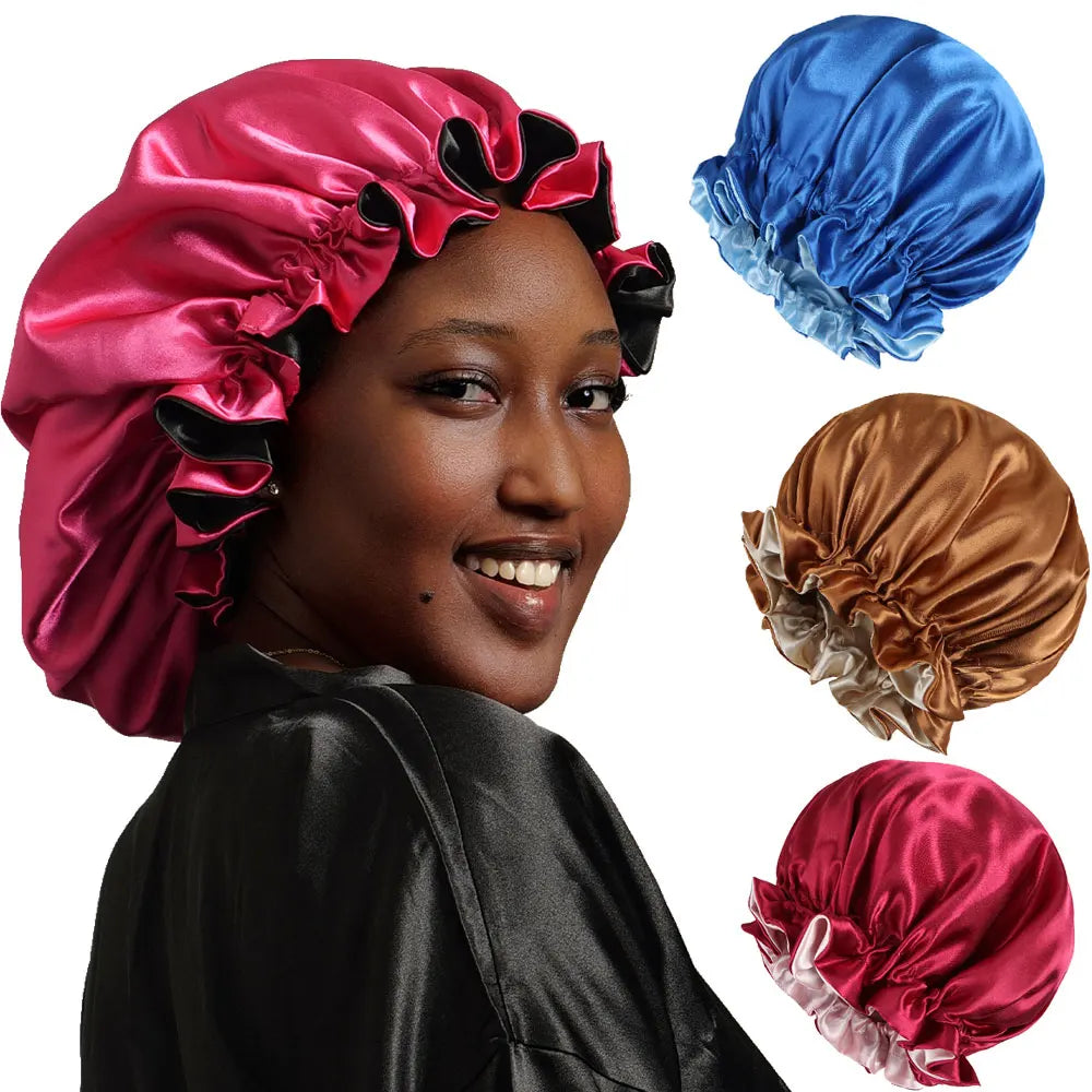 3pcs Reversible Elegant Satin Sleep Bonnets with Ruffled Design, Double Layer Sleeping Caps, Elastic Band, Soft Hair Bonnets for