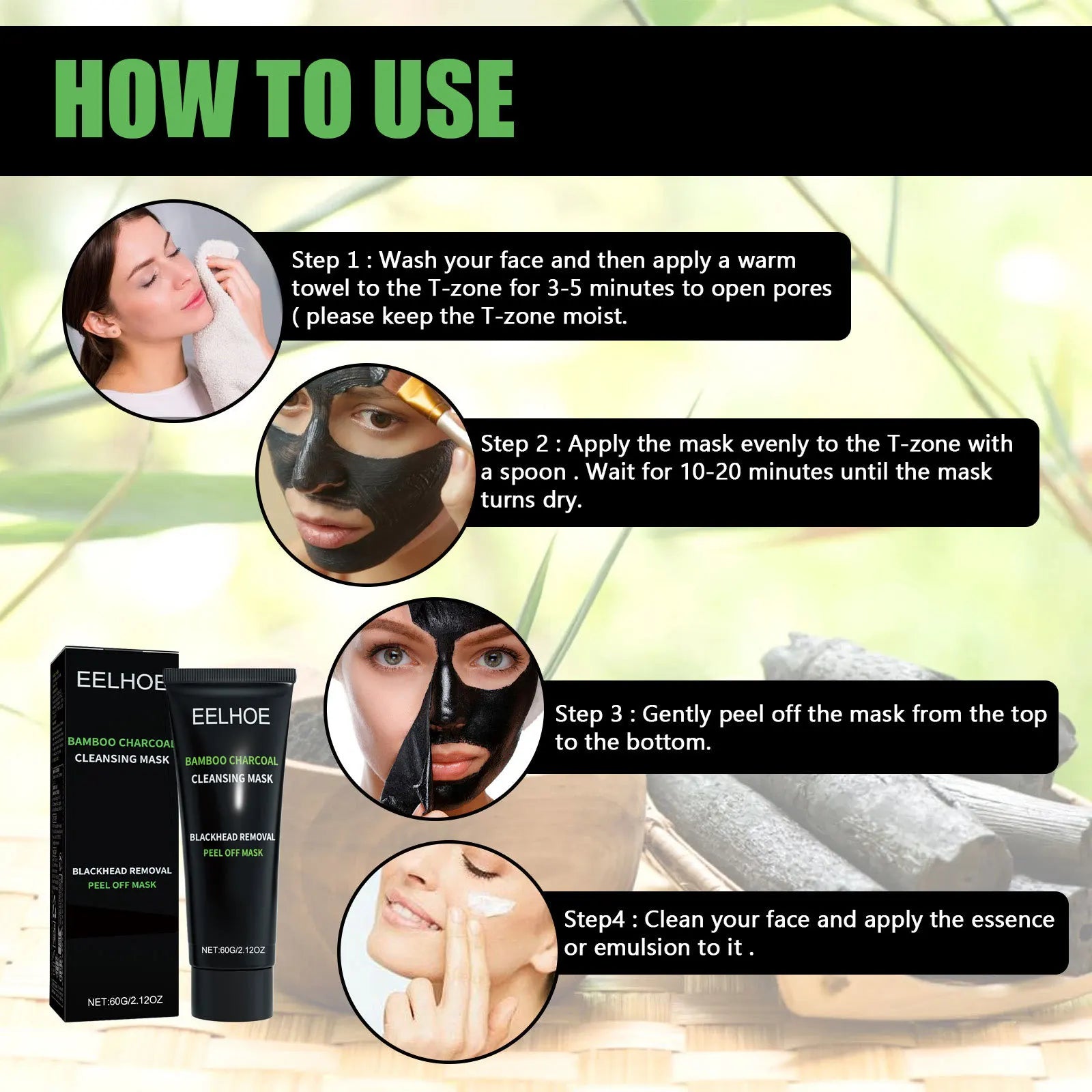 Eelhoe Bamboo Charcoal Blackhead Remover Face Mask Deep Cleansing Pores Shrink Nourishing Acne Treatment Face Peel Off Mask