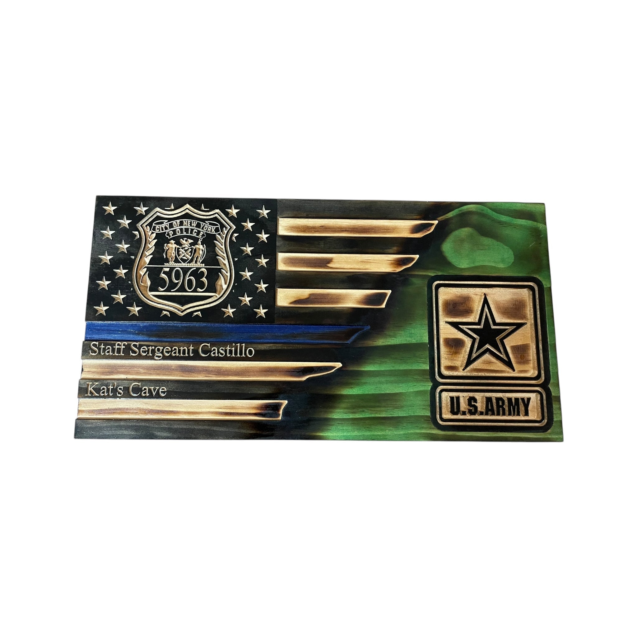 Custom Split Wooden American Flag with Engraved Badge