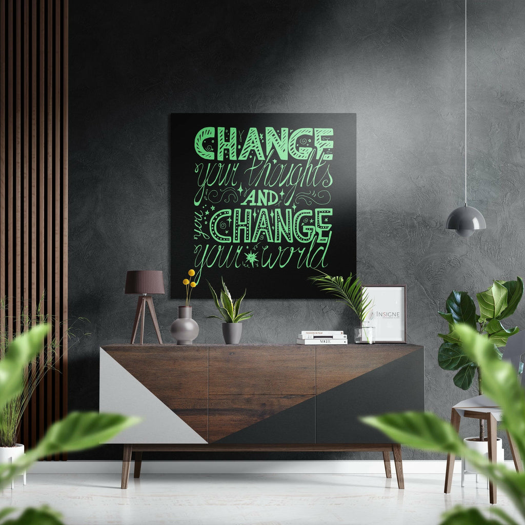 Green Hand Lettered Change Quote on Black Brushed Aluminium Dibond Wall Art
