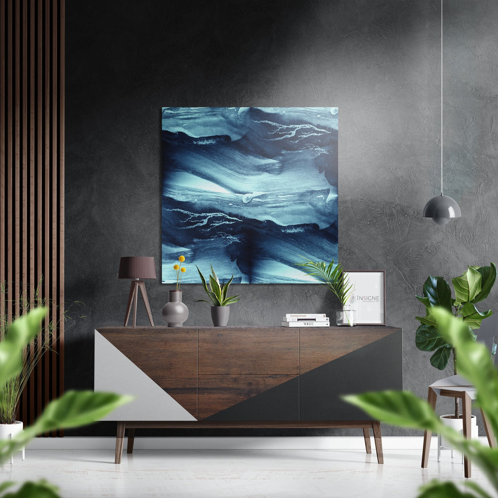 Deep Indigo Marbled Ink Waves Brushed Aluminium Dibond Wall Art