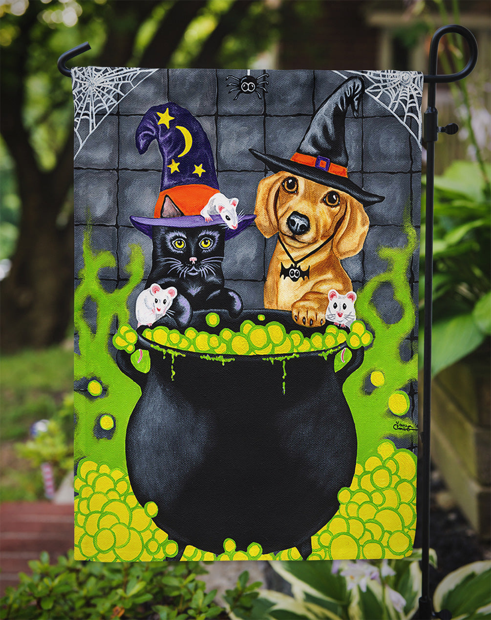 Brewing up Trouble Halloween Dachshund Garden Flag Mailbox Decorative Yard Banner Outside Patio Artwork for Flower Beds, Garden Size, Multicolor