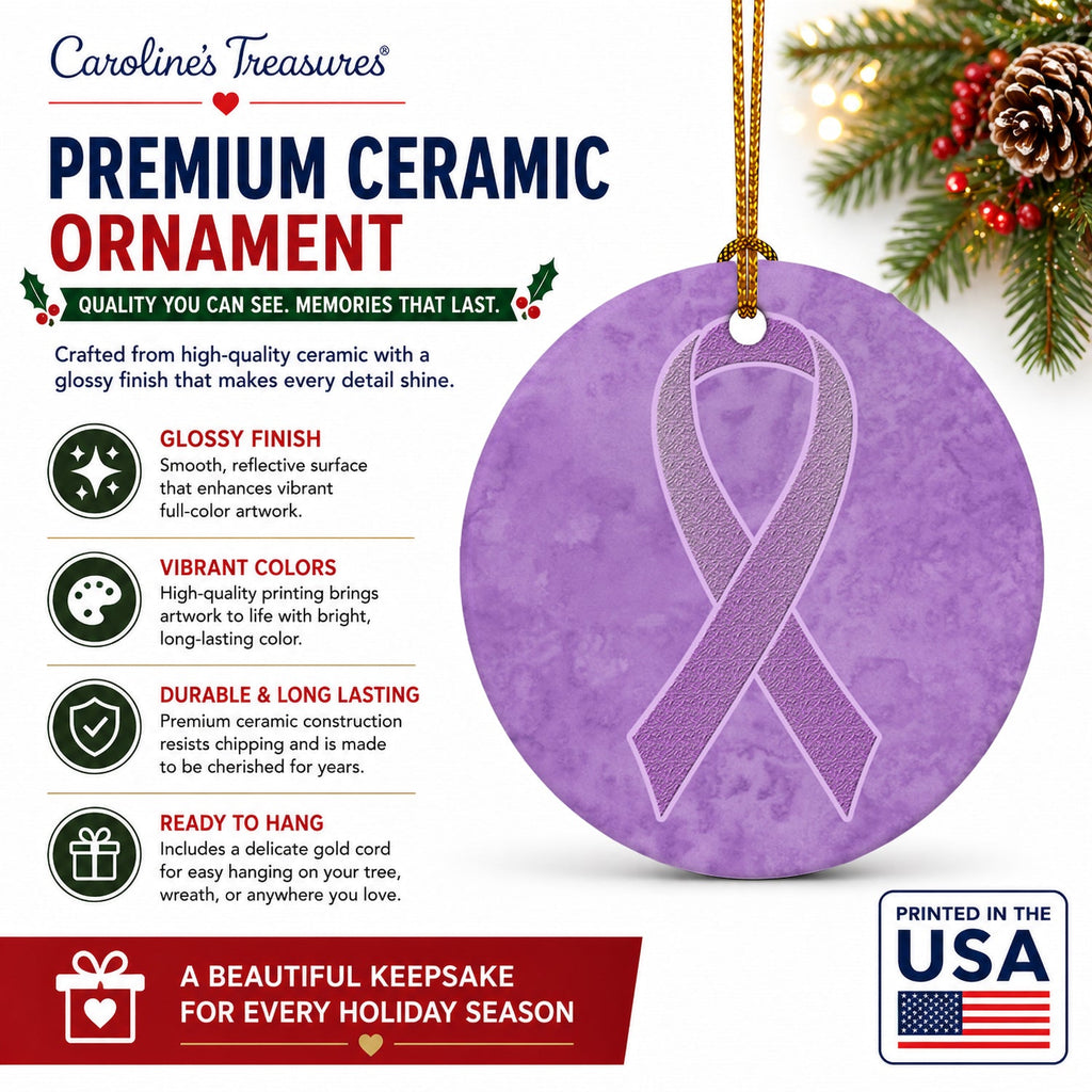 Lavender Ribbon for All Cancer Awareness Ceramic Ornament Christmas Tree Hanging Decorations for Home Christmas Holiday, Party, Gift, 3 in, Multicolor