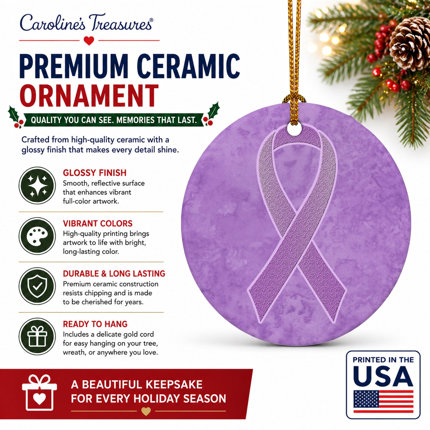 Lavender Ribbon for All Cancer Awareness Ceramic Ornament Christmas Tree Hanging Decorations for Home Christmas Holiday, Party, Gift, 3 in, Multicolor