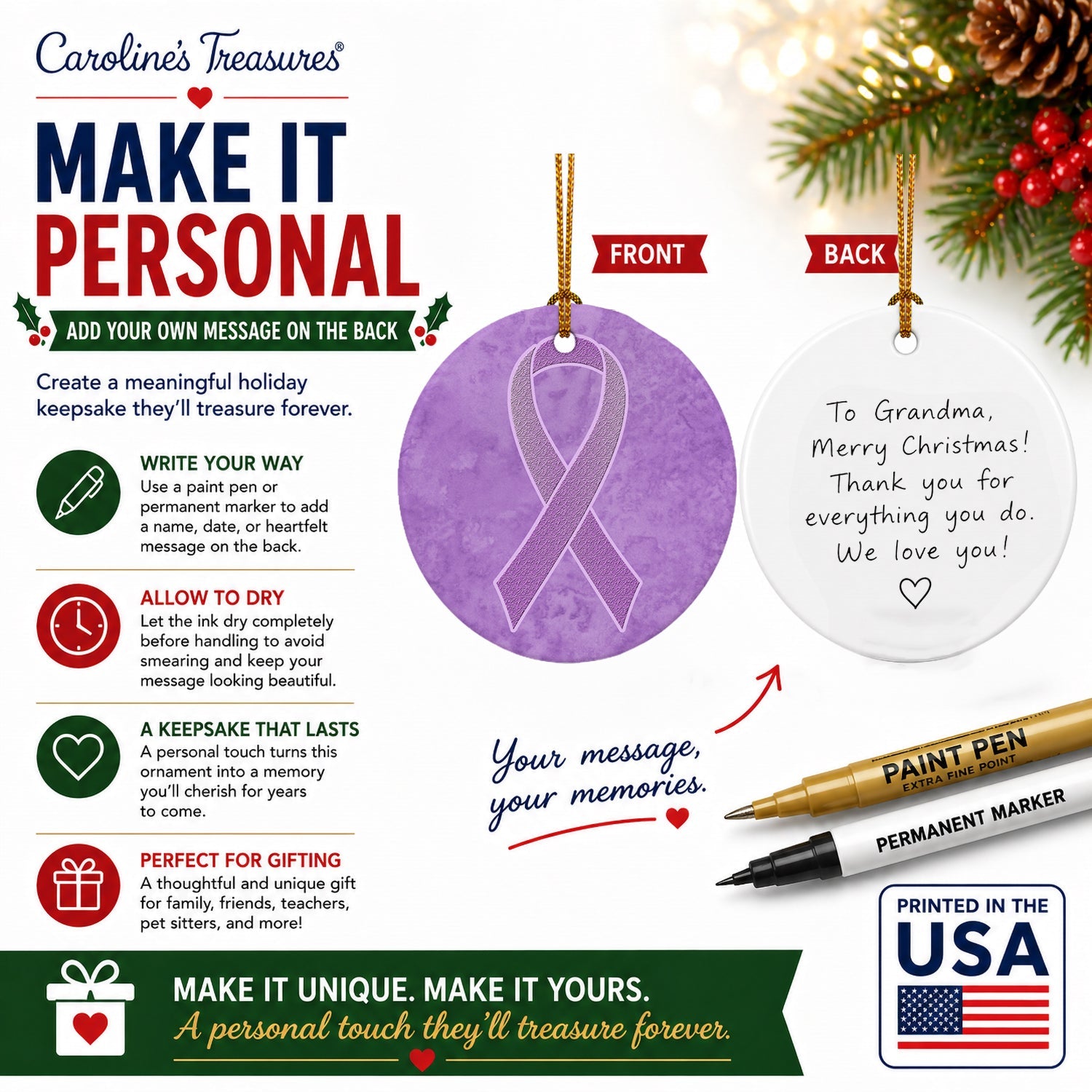 Lavender Ribbon for All Cancer Awareness Ceramic Ornament Christmas Tree Hanging Decorations for Home Christmas Holiday, Party, Gift, 3 in, Multicolor
