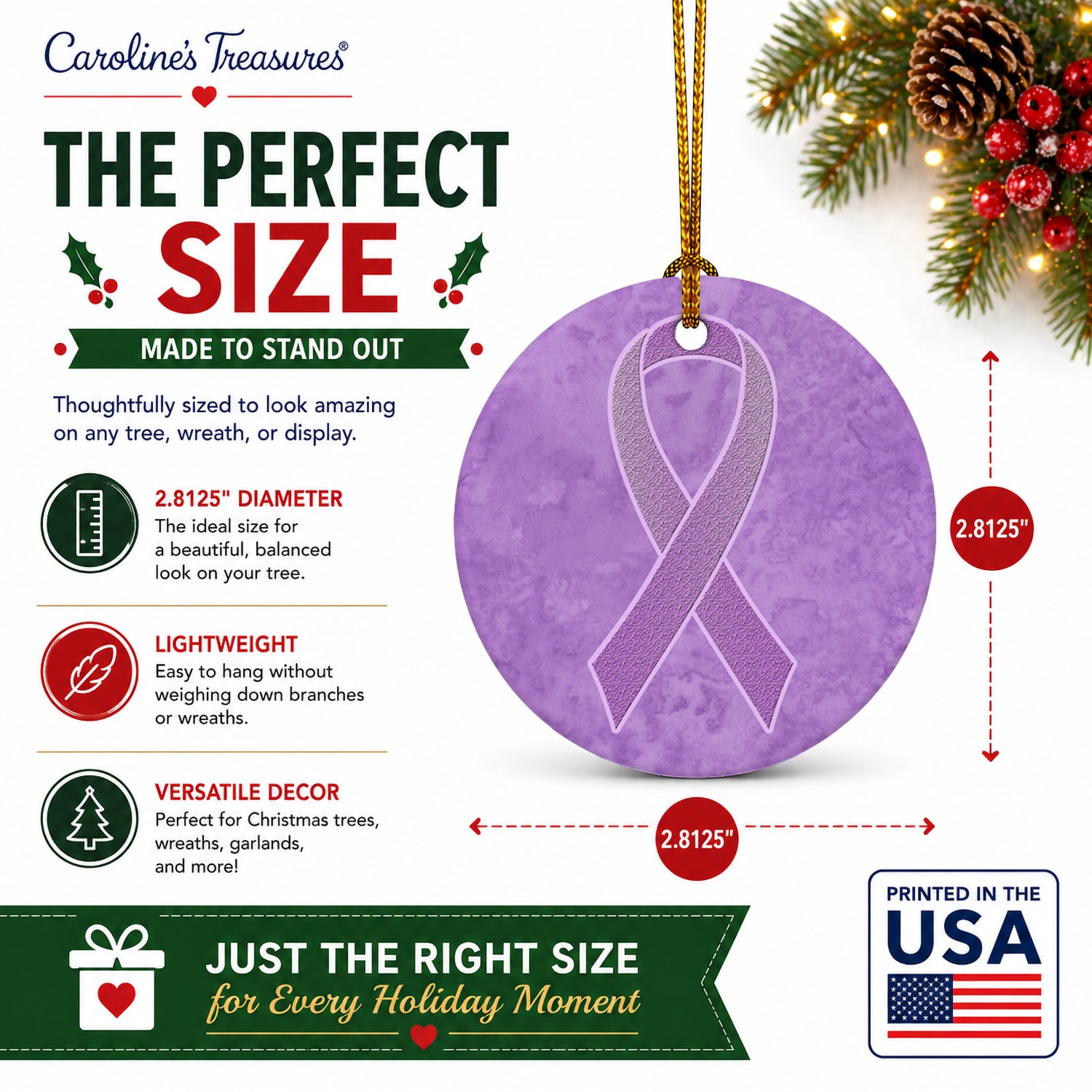Lavender Ribbon for All Cancer Awareness Ceramic Ornament Christmas Tree Hanging Decorations for Home Christmas Holiday, Party, Gift, 3 in, Multicolor