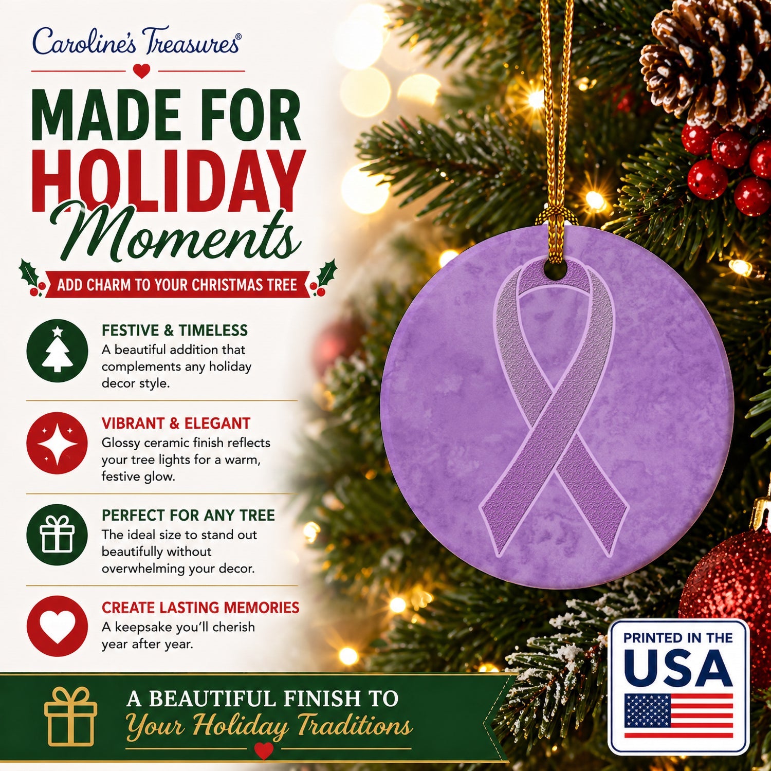Lavender Ribbon for All Cancer Awareness Ceramic Ornament Christmas Tree Hanging Decorations for Home Christmas Holiday, Party, Gift, 3 in, Multicolor