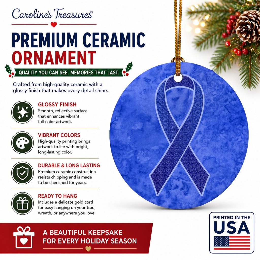 Dark Blue Ribbon for Colon Cancer Awareness Ceramic Ornament Christmas Tree Hanging Decorations for Home Christmas Holiday, Party, Gift, 3 in, Multicolor