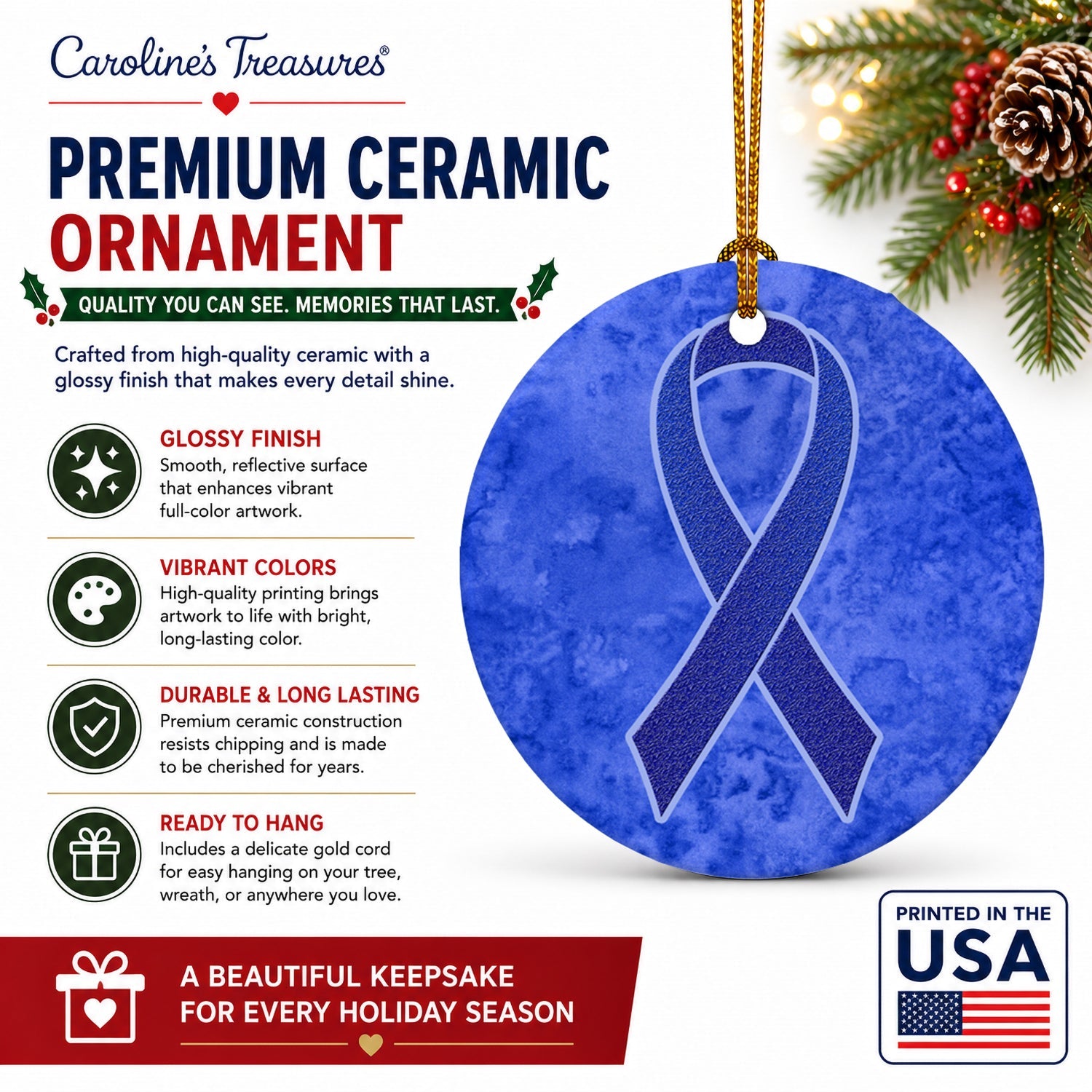 Dark Blue Ribbon for Colon Cancer Awareness Ceramic Ornament Christmas Tree Hanging Decorations for Home Christmas Holiday, Party, Gift, 3 in, Multicolor