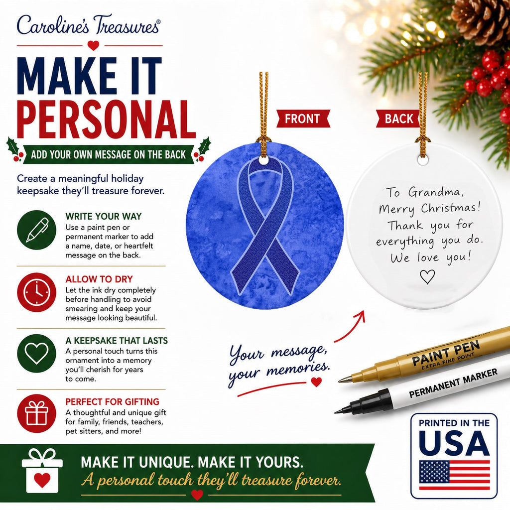Dark Blue Ribbon for Colon Cancer Awareness Ceramic Ornament Christmas Tree Hanging Decorations for Home Christmas Holiday, Party, Gift, 3 in, Multicolor
