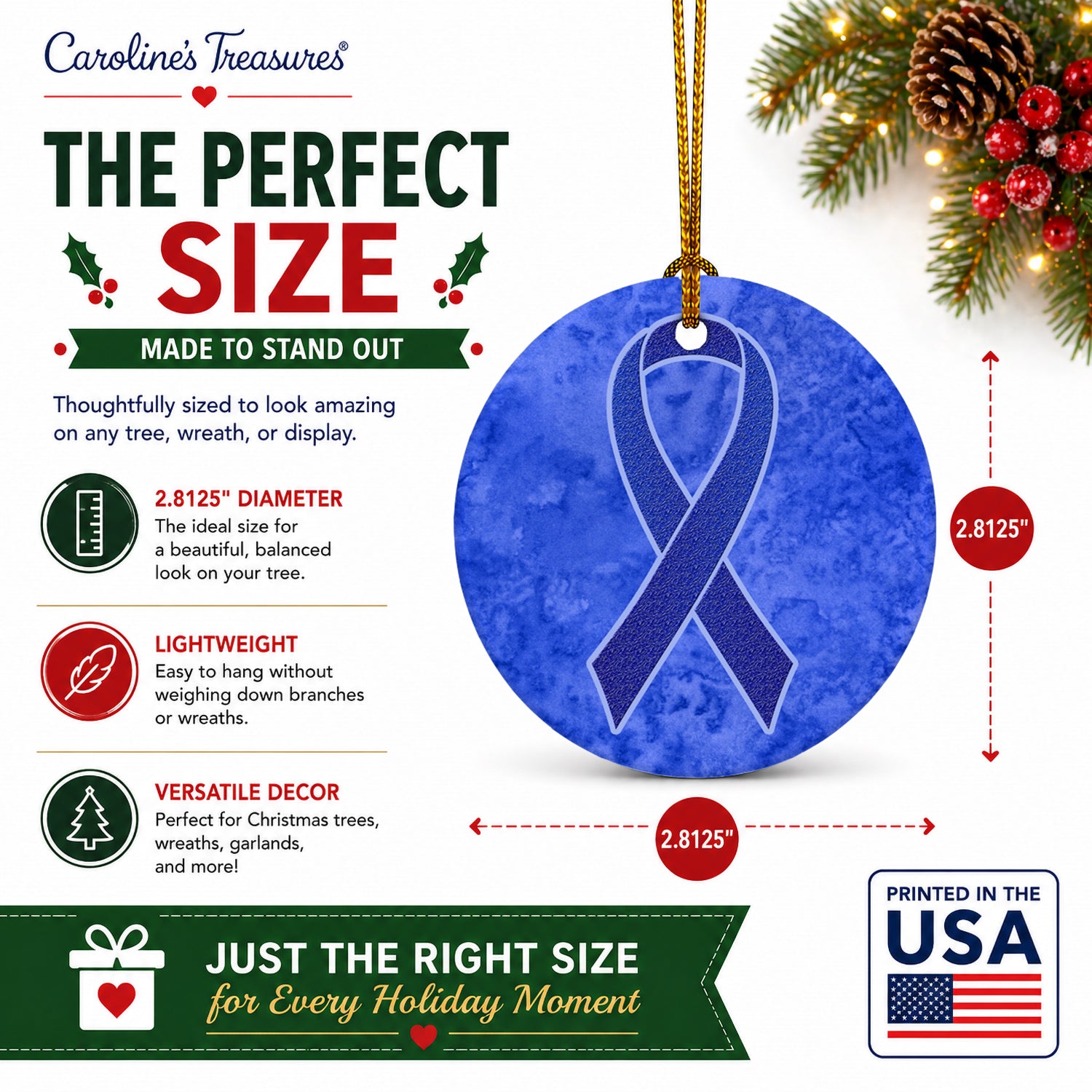 Dark Blue Ribbon for Colon Cancer Awareness Ceramic Ornament Christmas Tree Hanging Decorations for Home Christmas Holiday, Party, Gift, 3 in, Multicolor